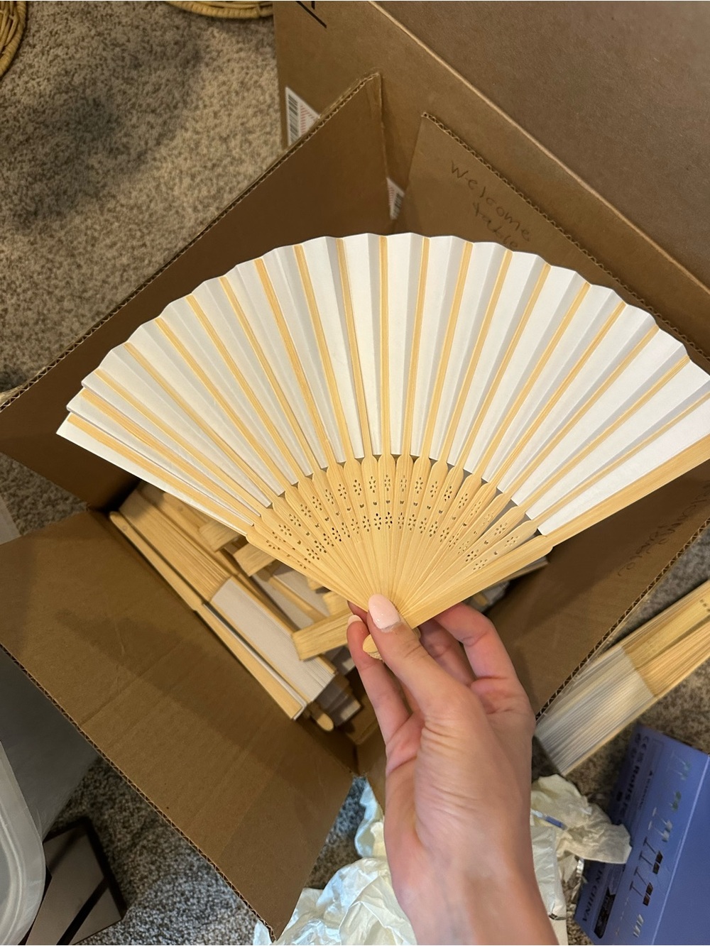 Handheld Folding Fan - Cream and Natural Wood (46 count)